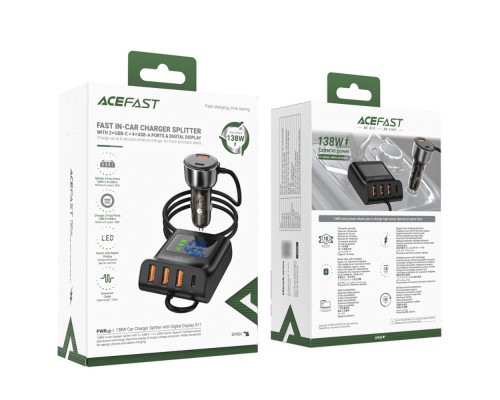 Автомобильное зарядное устройство Acefast B11 3 USB/ Type-C QC PD 138W с дисплеем черное