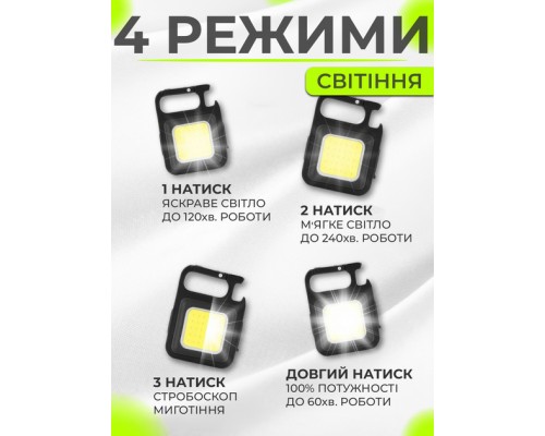 Фонарик брелок аккумуляторный LED COB c карабином и магнитом, 150 mAh, Type-C, 4 режима