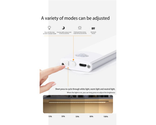 LED світильник сенсорний, портативний USB Type-C, 10cm, 20LEDs, Три кольори, магнітне кріплення | 3 режими | Для кухні, гардеробу, спальні, коридору, шафи | Сенсор руху та освітлення