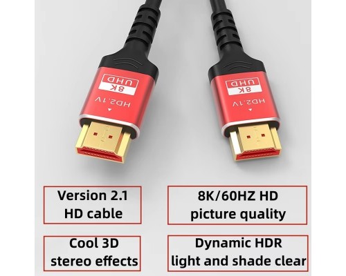 Кабель HDMI 2.1|8K 60HZ, 4K 144HZ, 48Gbps, HDR, eARC| 2М, Black-Red