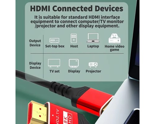 Кабель HDMI 2.1|8K 60HZ, 4K 144HZ, 48Gbps, HDR, eARC| 2М, Black-Red