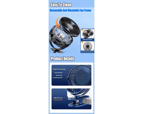 Портативный настольный вентилятор JTW205 (сменные аккумуляторы 18650x2шт 3.7V) 5W, 6400mAh, microUSB, прищепка, Navy Blue
