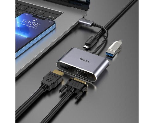 Мультіадаптер хаб Hoco HB30 4в1 Type-C to USB 3.0 (F) / VGA (F) / Type-C (F) PD 100W 0.15m