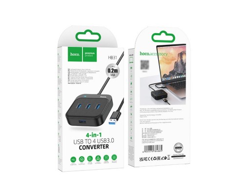 Мультіадаптер хаб Hoco HB31 4в1 USB to 4 USB 3.0 (F) 0.2m