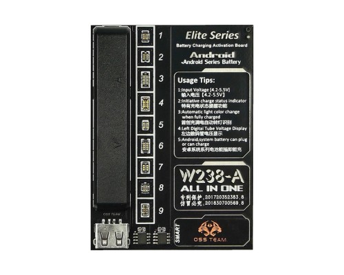 Плата активации и зарядки аккумуляторов W238-A с цифр. инд. (9 разъемов для тел. на Android; кабели microUSB/USB A, microUSB/штекеры БП)