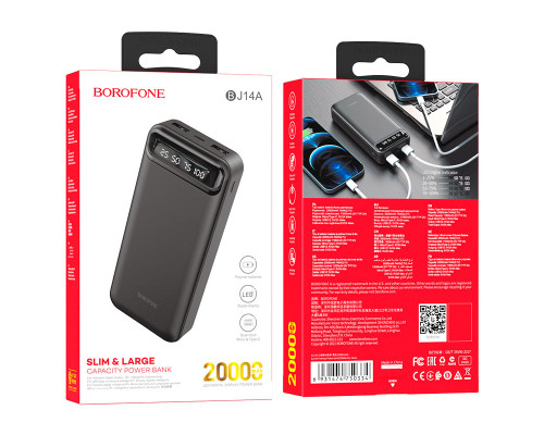 Повербанк Borofone BJ14A Freeway (20000 mAh/Out: 2USB 5V/2A/In: Type-C, micro-USB 5V/2A) з LED індикатором, Чорний