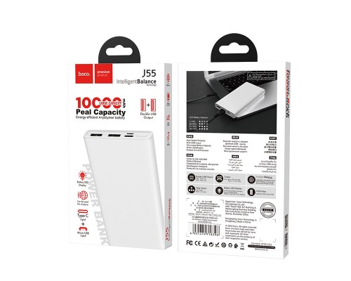 Повербанк Hoco J55 Neoteric Mobile (10000 mAh/Out: 2USB 5V/2A/In: Type-C, micro-USB 5V/2A) з LED індикатором, Білий