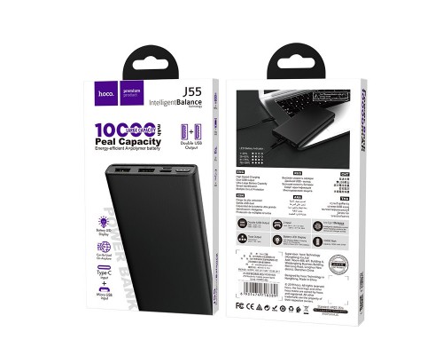Повербанк Hoco J55 Neoteric Mobile (10000 mAh/Out: 2USB 5V/2A/In: Type-C, micro-USB 5V/2A) з LED індикатором, Чорний