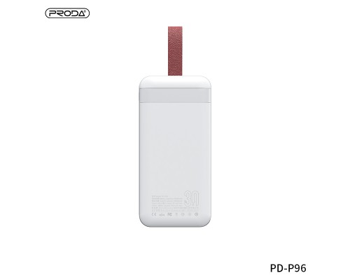 Повербанк Remax Proda PD-P96 Leading series (30000 mAh/Out: 2USB 5V/2A/In: Type-C, micro-USB 5V/2A) з LED Дисплеєм та ліхтариком, Білий