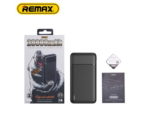 Повербанк Remax RPP-166 Lango (20000 mAh / Out: 2USB 5V/2.1A / In: Type-C, micro-USB 5V/2.1A ) с LED индикатором, Чёрный
