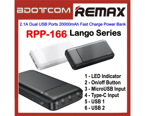 Повербанк Remax RPP-166 Lango (20000 mAh/Out: 2USB 5V/2.1A/In: Type-C, micro-USB 5V/2.1A) з LED індикатором, Чорний