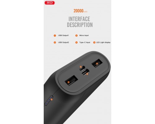 Повербанк XO PR122 (20000 mAh / Out: 2USB 5V/2A / In: micro-USB 5V/2A ) с LED индикатором, Чёрный