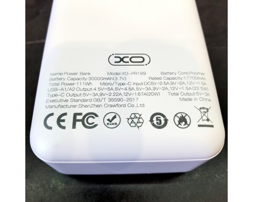 Повербанк XO PR189 (30000mAh/Out: 2USB-A 22.5W QC3.0, Type-C PD 20W/In: micro-USB, Type-C 18W) з LED індикатором, Білий