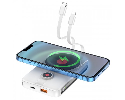 Повербанк Hoco J92 MagSafe Wireless Charger (10000 mAh / Out: USB 22.5W, Cable-Type-C 20W, Cable-Lightning / In: Type-C, Cable-Type-C 18w) з Дисплеєм, Білий