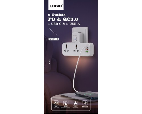 Мережевий Перехідник з Нічником LDNIO SC2311 2 port/1PD/1 QC 3.0/1 USB/ 2 PSocket/ Led lamp Білий