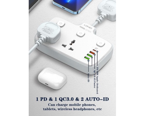 Мережевий Подовжувач LDNIO SC2413 2 universal ports /1 PD/1 QC/2 auto ID Білий
