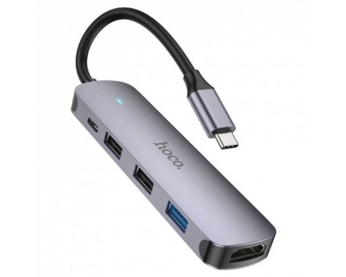 USB Hub Hoco HB27 Type-C multi-function converter(HDMI+USB3.0+USB2.0*2+PD) Металево-сірий
