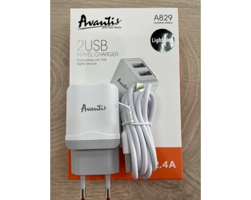 Зарядний пристрій Avantis A829 2USB Lightning White