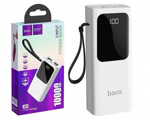 Повербанк Hoco J41 Treasure Mobile (10000 mAh / Out: 2USB 5V/2A / In: Type-C, Lightning, micro-USB 5V/2A) з LED індикатором, Білий