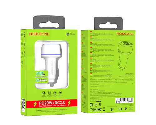 Автомобільне ЗУ Borofone BZ14A PD20W+QC3.0 3A White