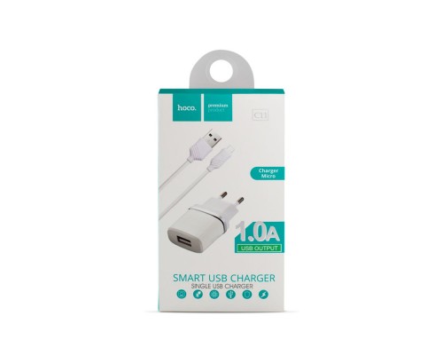 Зарядний пристрій Hoco C11 White 1USB + USB Cable MicroUSB (1A)