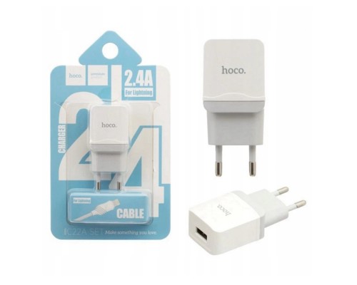Зарядний пристрій Hoco C22A little superior (1USB/2.4A) + Cable iPhone Lightning White