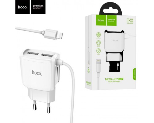 Зарядное устройство Hoco C59A Mega joy 2USB 2.4A white + Cable Lightning